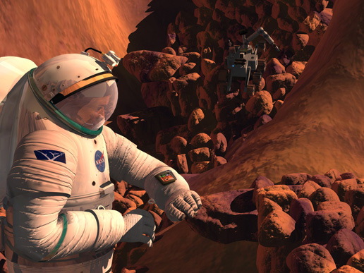 Artist's concept of astronaut gathering samples on Mars Artist's concept of astronaut gathering samples on Mars