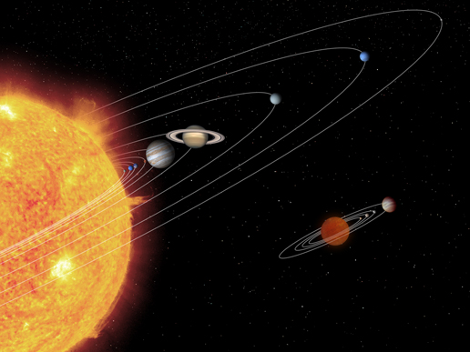 A hypothetical brown dwarf-planetary system compared to our own solar system.