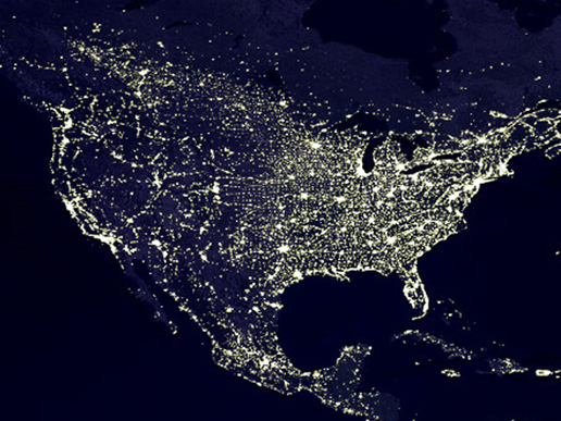 Night view of lights across North America