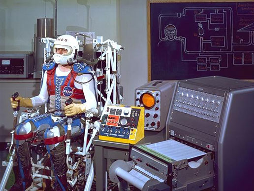 Robert St. John in a pilot restraint and closed loop breathing system at NASA's Ames Research Center.
