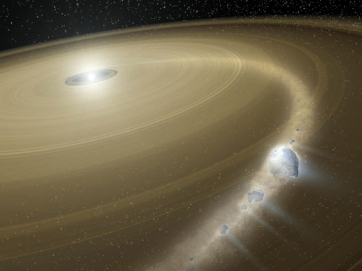 Artist's concept of a comet being torn to shreds around G29-3, a white dwarf star