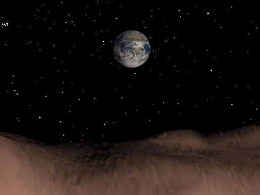 Computer-generated image depicts a view of Earth as seen from the surface of the asteroid Toutatis.